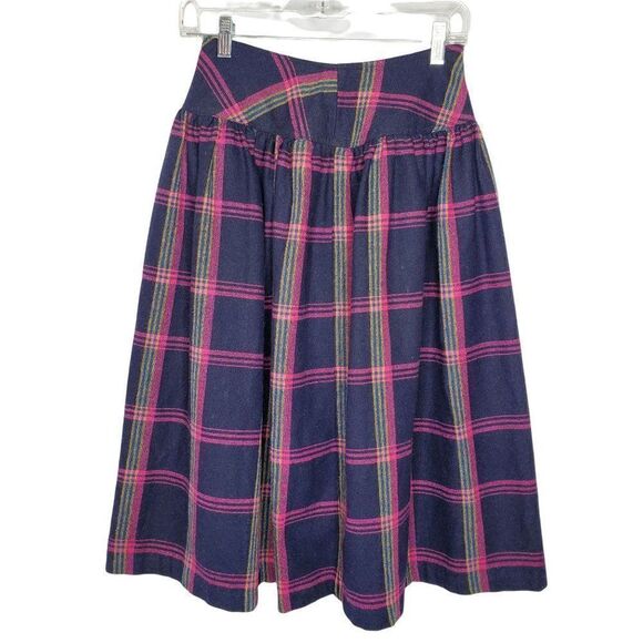 Vintage 80s Plaid Yoke Pleated Wool Skirt Sz 7 Navy Blue Pink Yellow - Picture 3 of 4